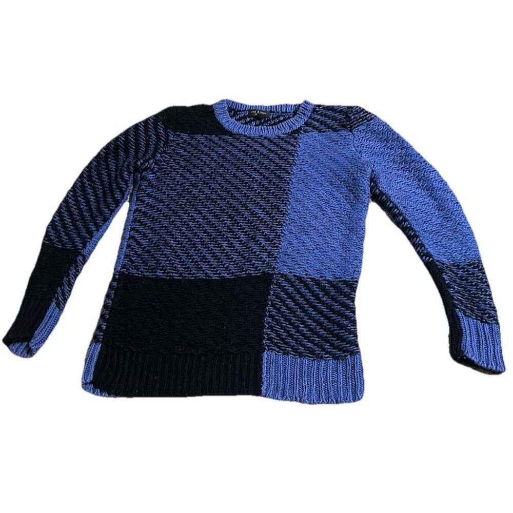 RAG & BONE Blue Black Chunky Knit Sweater XS Crewneck Pullover Wool Blend Cozy